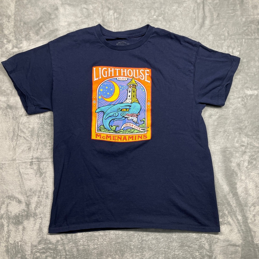 McMenamins T Shirt Men Large Navy Blue Lighthouse Ales Lincoln City Whale Cotton